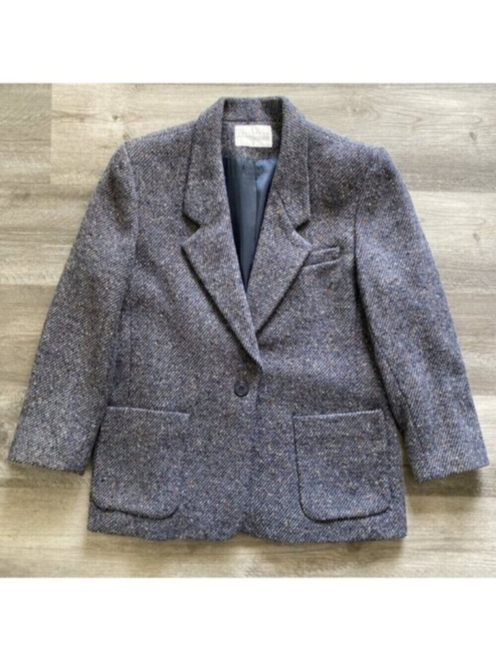 VTG Nordstrom Petite Focus Tweed Blazer Coat Jacket Blue Gray Lined Preppy 12 P